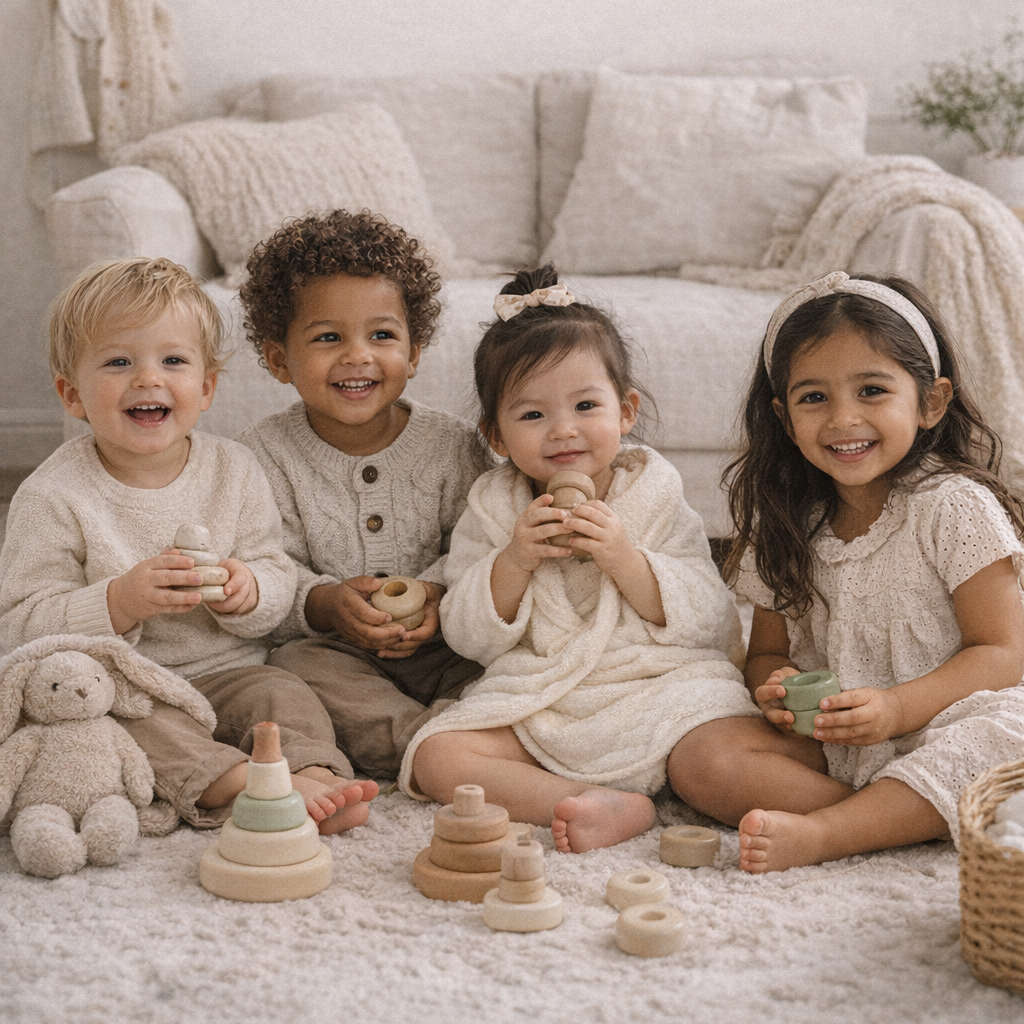 Four children sitting on a carpeted floor with toys, surrounded by soft furnishings.