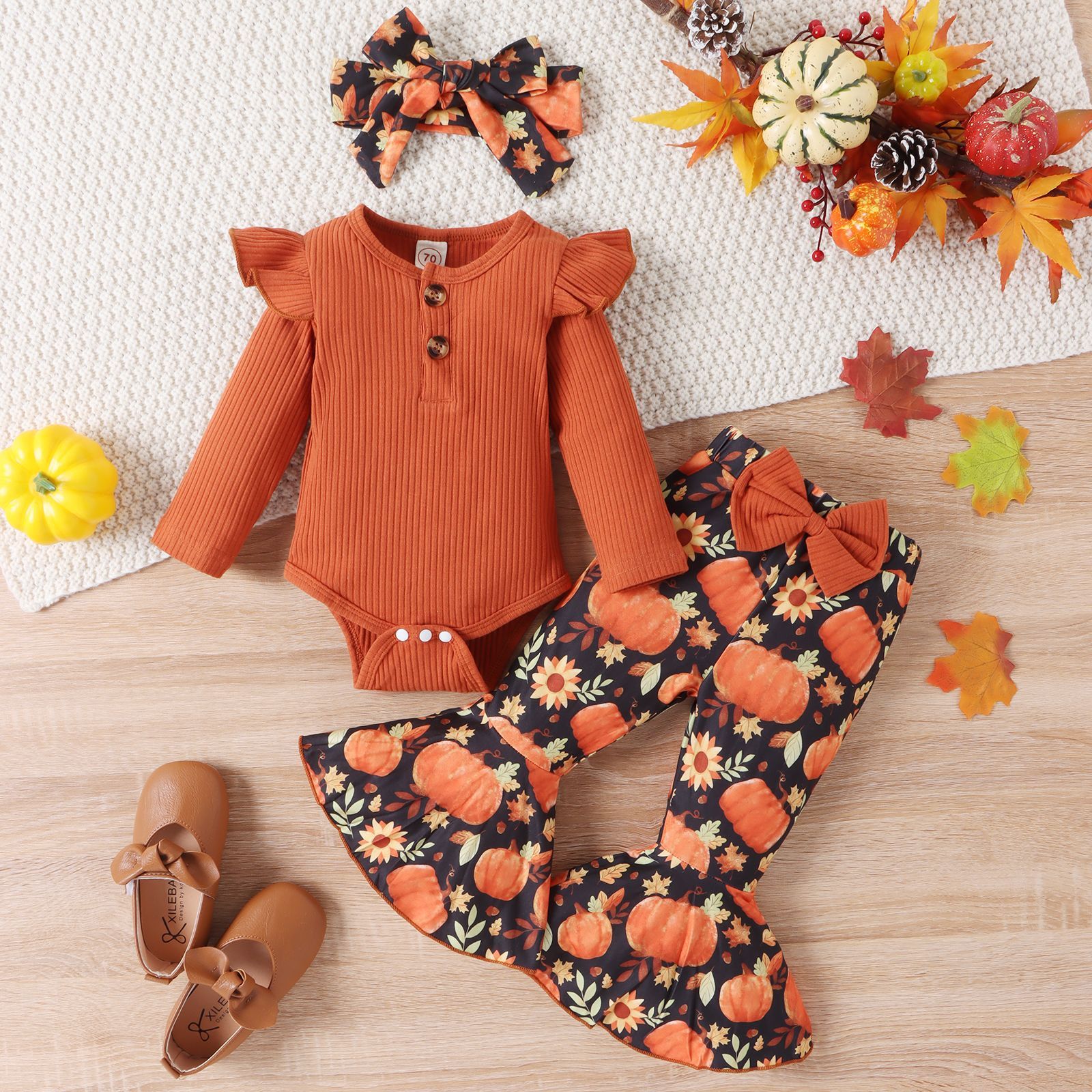 Baby Girl Halloween Pumpkin Outfit Set (3-Piece)