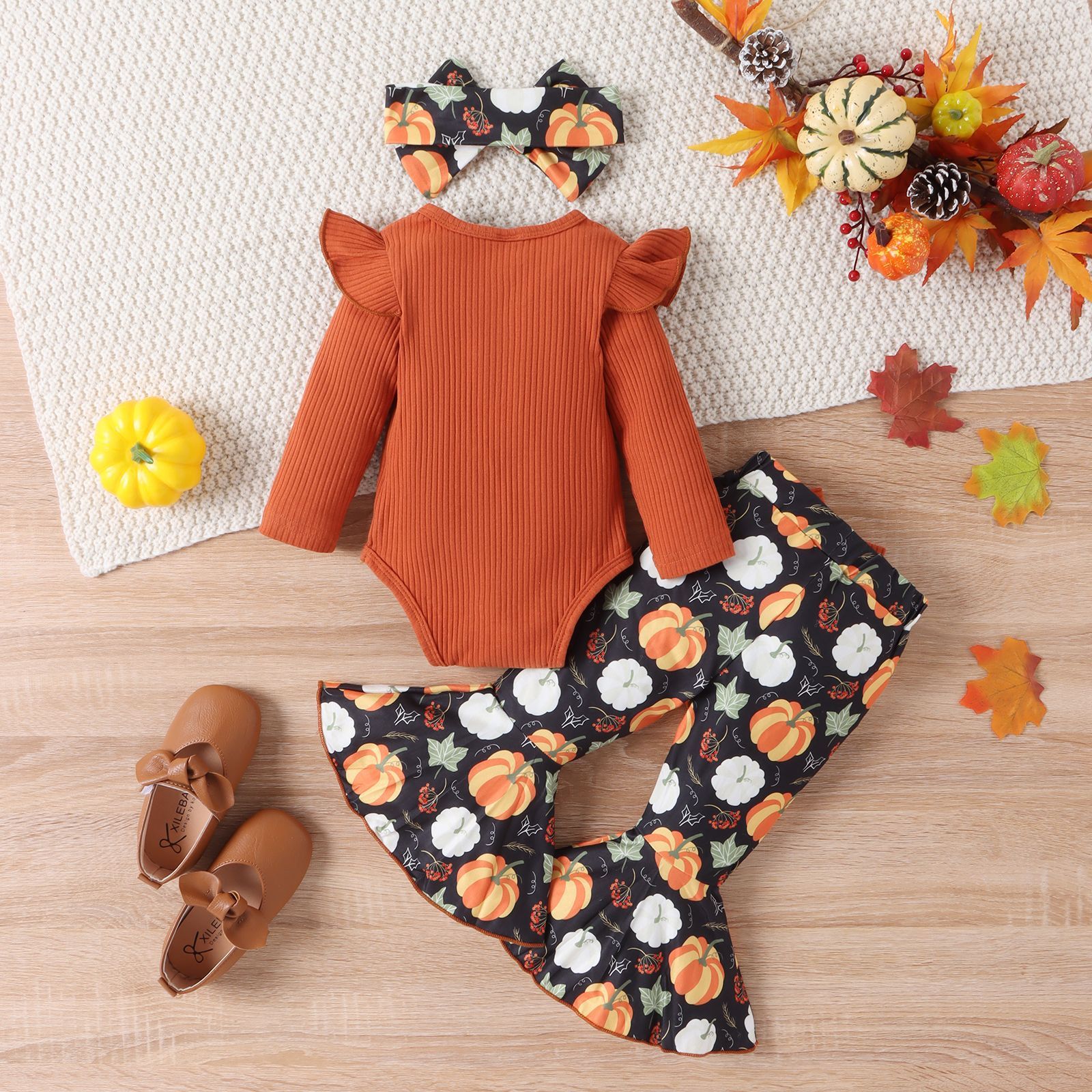 Baby Girl Halloween Pumpkin Outfit Set (3-Piece)