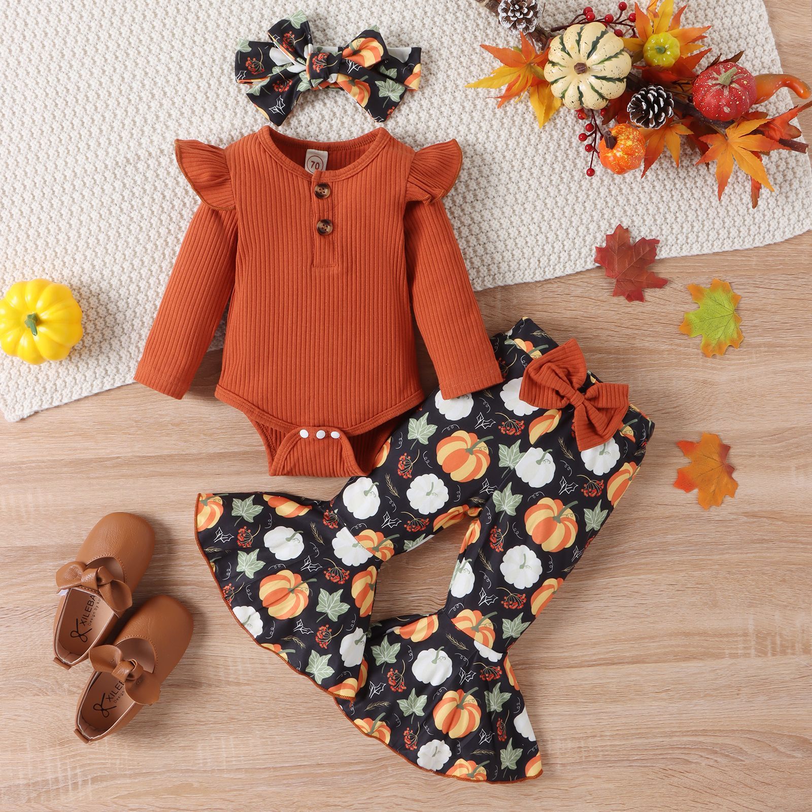 Baby Girl Halloween Pumpkin Outfit Set (3-Piece)