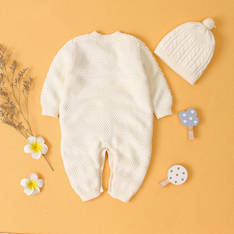 Baby Buttoned Knit Cotton Jumpsuit (With Removable Hat)
