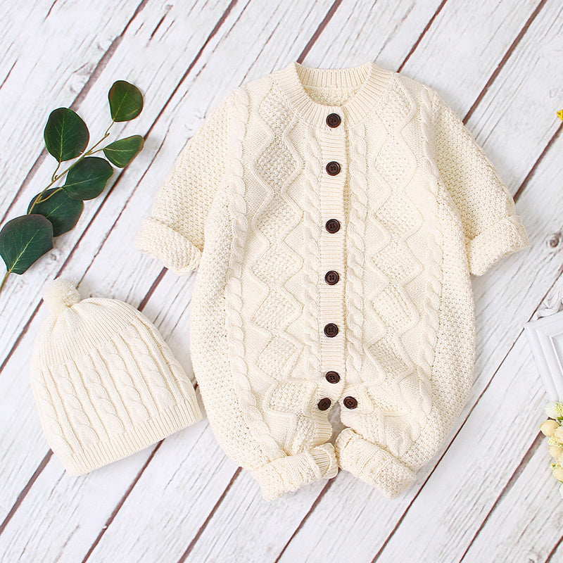 Baby Buttoned Knit Cotton Jumpsuit (With Removable Hat)